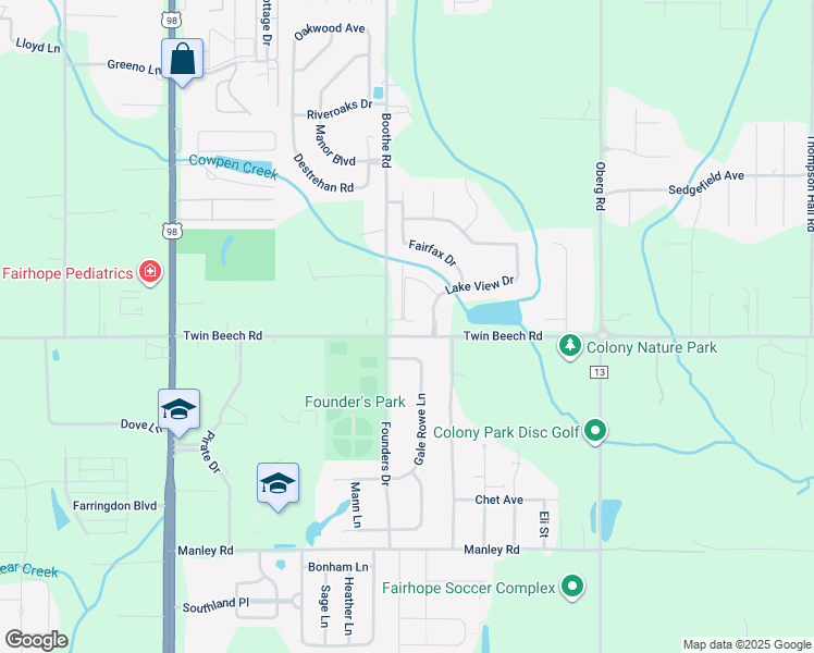 map of restaurants, bars, coffee shops, grocery stores, and more near 630 Norman Lane in Fairhope