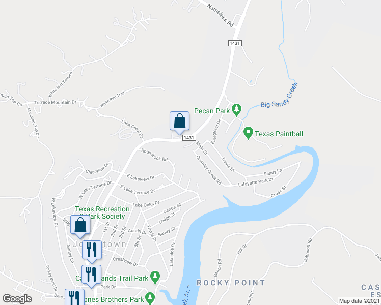 map of restaurants, bars, coffee shops, grocery stores, and more near 11540 Crumley Creek Road in Jonestown