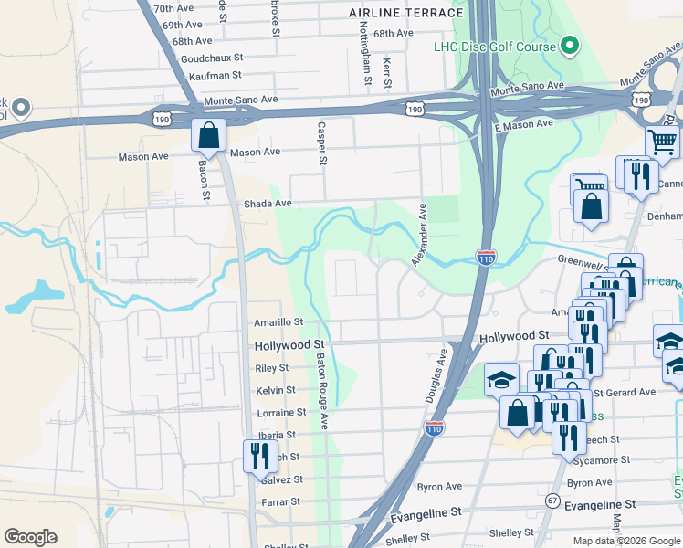 map of restaurants, bars, coffee shops, grocery stores, and more near 2534 Chaney Drive in Baton Rouge