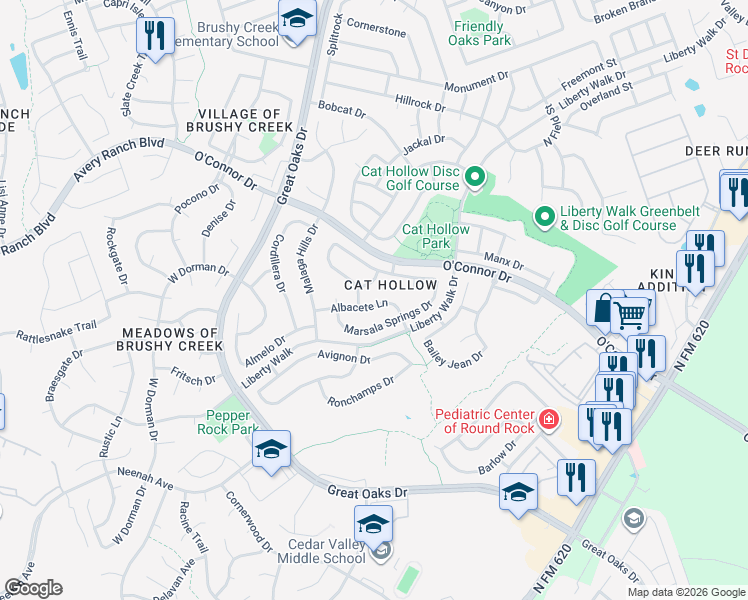 map of restaurants, bars, coffee shops, grocery stores, and more near in Brushy Creek