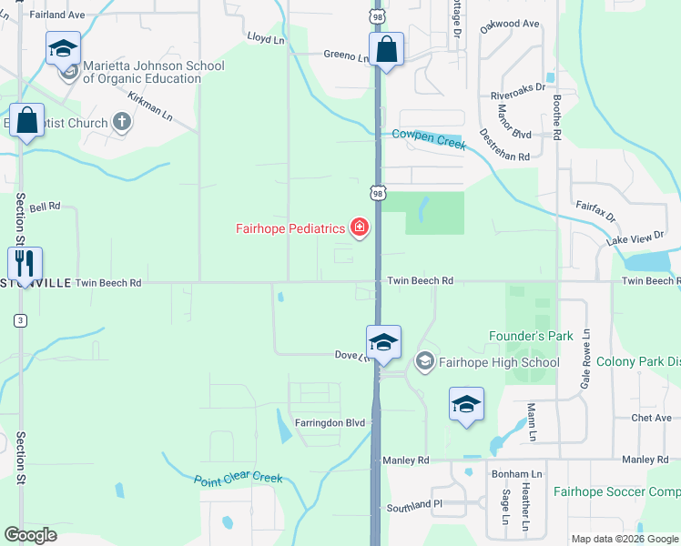 map of restaurants, bars, coffee shops, grocery stores, and more near 811 Twin Beech Road in Fairhope