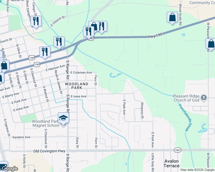 map of restaurants, bars, coffee shops, grocery stores, and more near 17203 East Park Avenue in Hammond