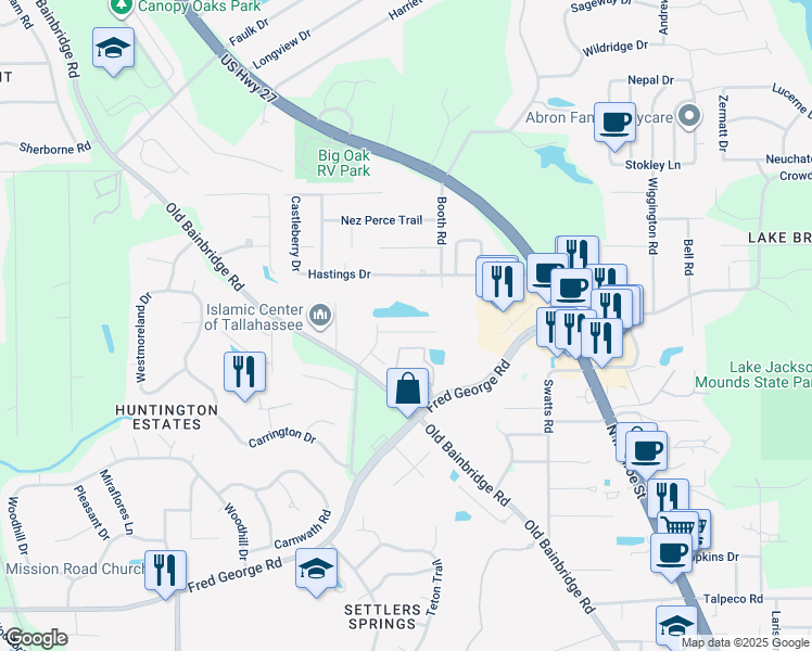 map of restaurants, bars, coffee shops, grocery stores, and more near 2636 Fenwood Court in Tallahassee