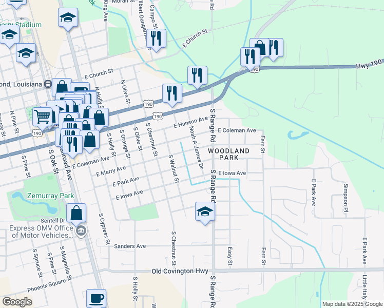 map of restaurants, bars, coffee shops, grocery stores, and more near 910 East Merry Avenue in Hammond