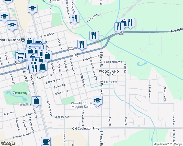 map of restaurants, bars, coffee shops, grocery stores, and more near 910 East Merry Avenue in Hammond