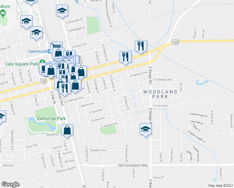 map of restaurants, bars, coffee shops, grocery stores, and more near 409 South Chestnut Street in Hammond