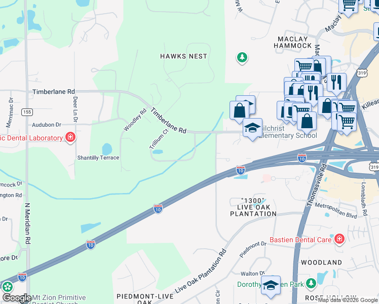 map of restaurants, bars, coffee shops, grocery stores, and more near 3545 Trillium Court in Tallahassee