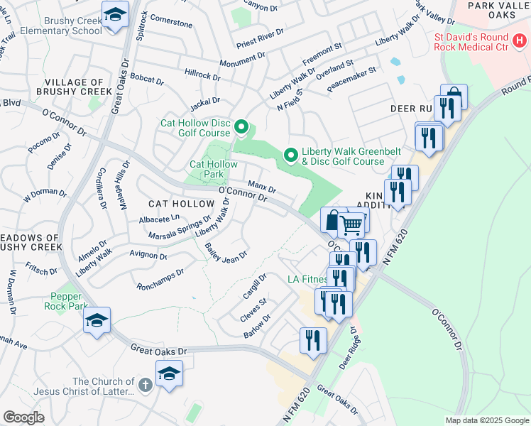 map of restaurants, bars, coffee shops, grocery stores, and more near 8023 Brienne Drive in Round Rock