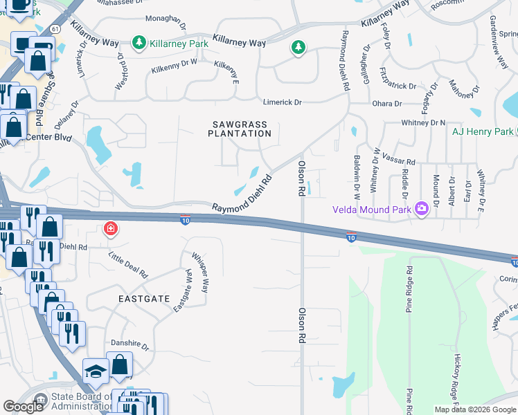map of restaurants, bars, coffee shops, grocery stores, and more near 2605 Raymond Diehl Road in Tallahassee