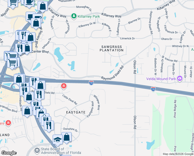 map of restaurants, bars, coffee shops, grocery stores, and more near 2487 Raymond Diehl Road in Tallahassee