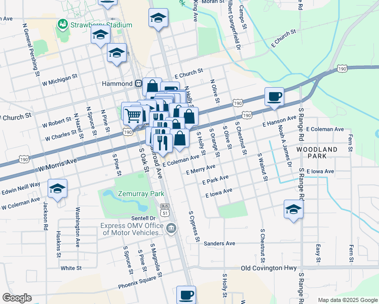 map of restaurants, bars, coffee shops, grocery stores, and more near 305 South Cherry Street in Hammond
