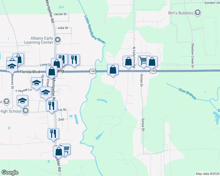map of restaurants, bars, coffee shops, grocery stores, and more near 19320 Florida Boulevard in Albany