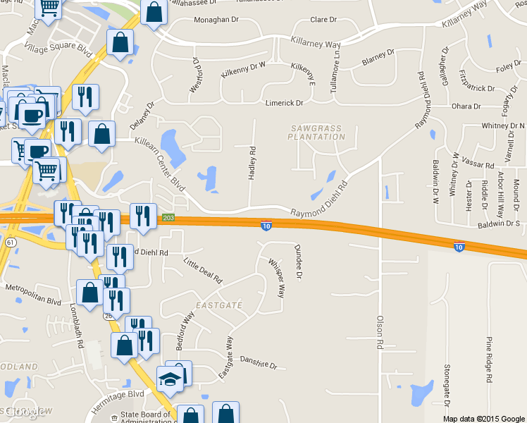 map of restaurants, bars, coffee shops, grocery stores, and more near 2437 Raymond Diehl Road in Tallahassee