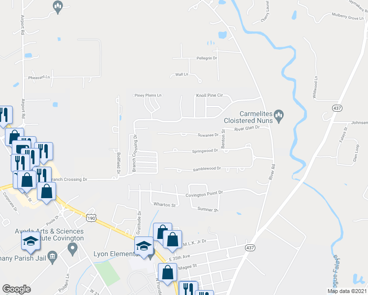 map of restaurants, bars, coffee shops, grocery stores, and more near 28 Springwood Drive in Covington