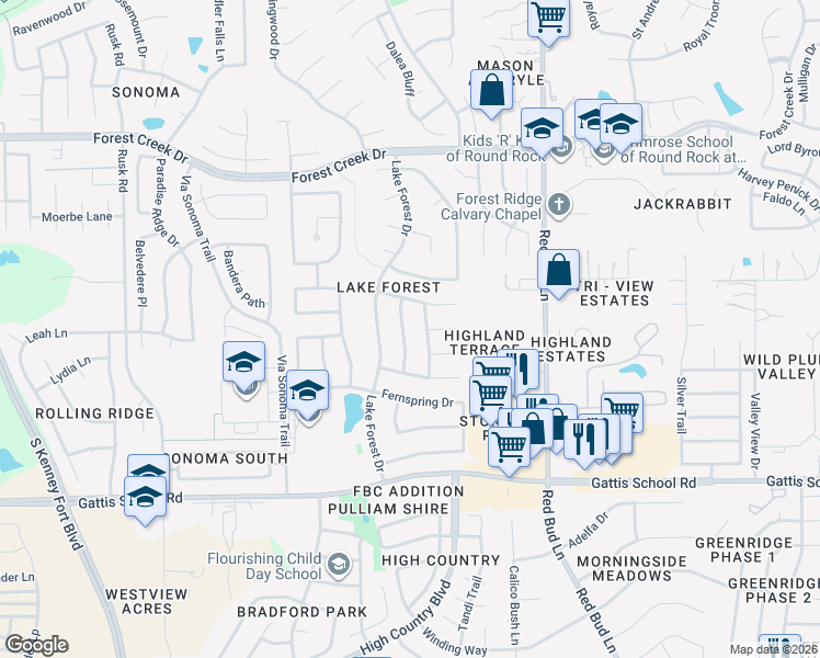 map of restaurants, bars, coffee shops, grocery stores, and more near 2904 Forest Meadow Drive in Round Rock