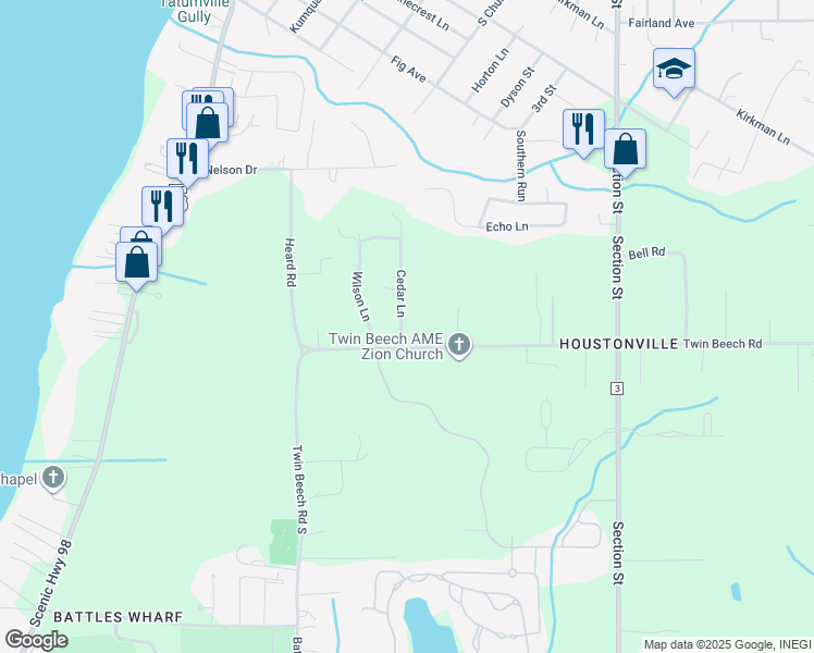 map of restaurants, bars, coffee shops, grocery stores, and more near 19060 Cedar Lane in Fairhope