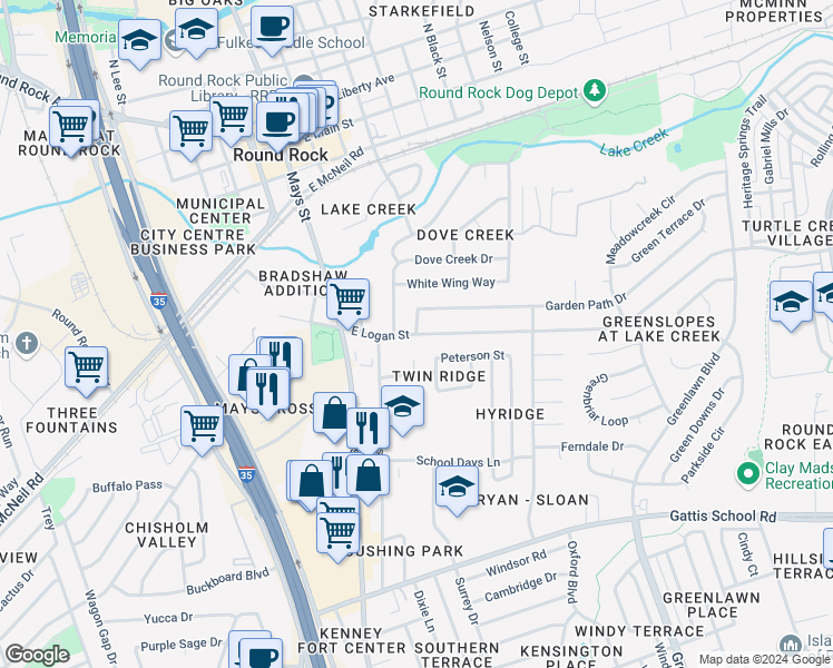 map of restaurants, bars, coffee shops, grocery stores, and more near East Logan Street & Garden Court in Round Rock