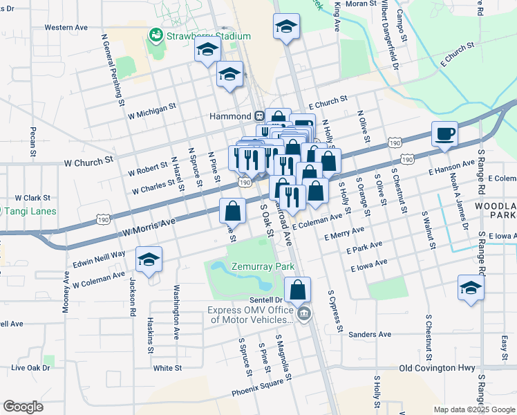 map of restaurants, bars, coffee shops, grocery stores, and more near 200 South Oak Street in Hammond