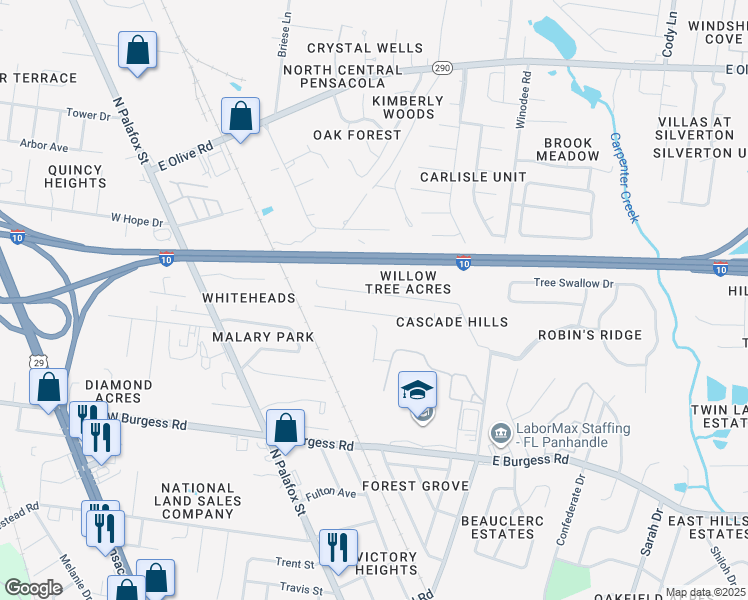 map of restaurants, bars, coffee shops, grocery stores, and more near 173 Creekview Drive in Pensacola