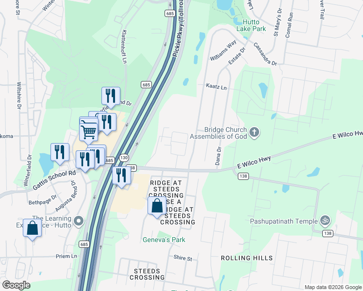 map of restaurants, bars, coffee shops, grocery stores, and more near 281 County Road 138 in Hutto