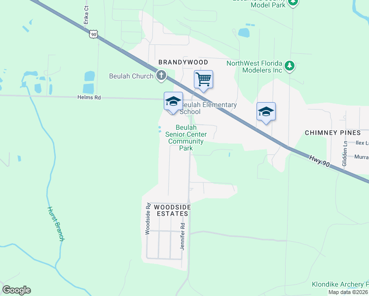map of restaurants, bars, coffee shops, grocery stores, and more near 7411 Woodside Road in Pensacola