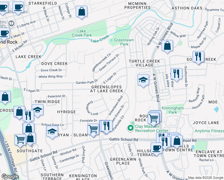 map of restaurants, bars, coffee shops, grocery stores, and more near 1506 Clearview Loop in Round Rock