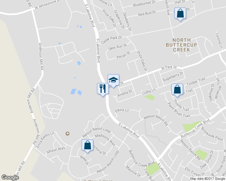 map of restaurants, bars, coffee shops, grocery stores, and more near 1700 W Park St in Cedar Park