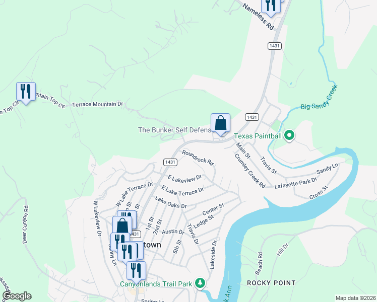 map of restaurants, bars, coffee shops, grocery stores, and more near 18501 Roundrock Road in Jonestown