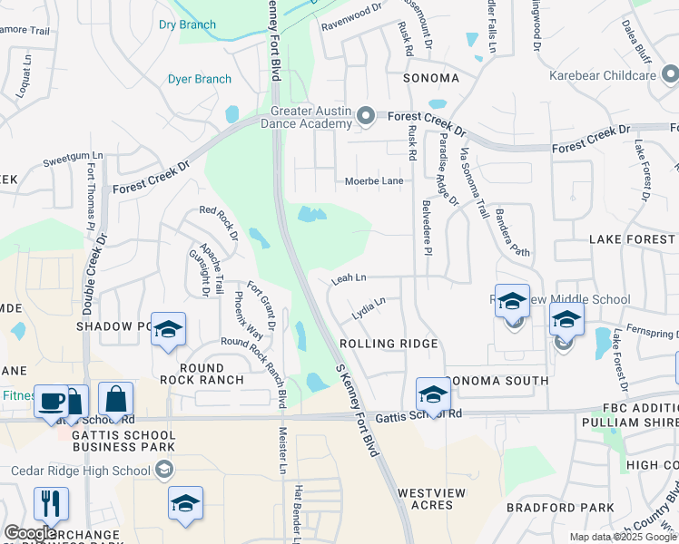 map of restaurants, bars, coffee shops, grocery stores, and more near 1026 Leah Lane in Round Rock