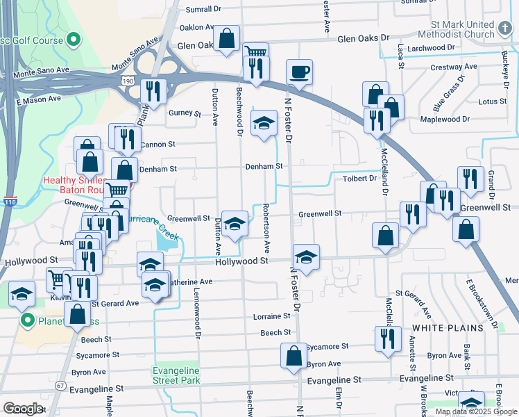 map of restaurants, bars, coffee shops, grocery stores, and more near 5719 Robertson Avenue in Baton Rouge