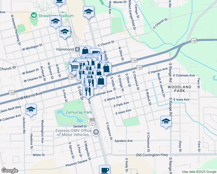 map of restaurants, bars, coffee shops, grocery stores, and more near 305 South Cherry Street in Hammond