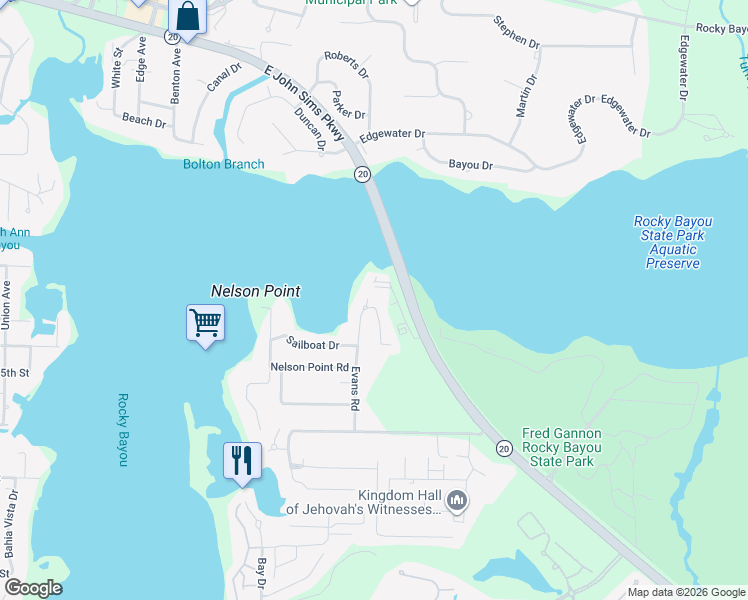 map of restaurants, bars, coffee shops, grocery stores, and more near 1727 Evans Court in Niceville