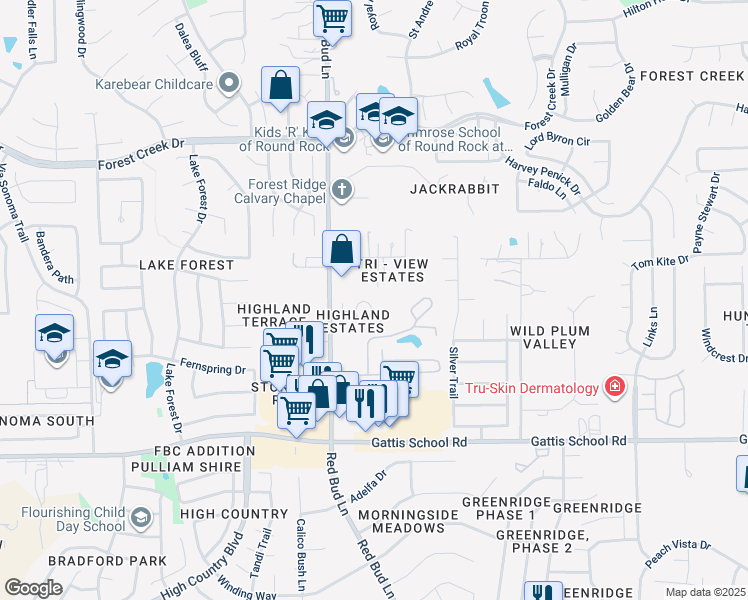map of restaurants, bars, coffee shops, grocery stores, and more near 313 Highland Estates Drive in Round Rock