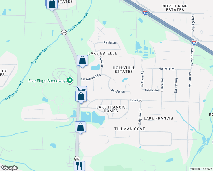 map of restaurants, bars, coffee shops, grocery stores, and more near 2369 Amelia Lane in Pensacola