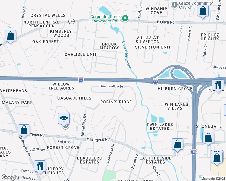 map of restaurants, bars, coffee shops, grocery stores, and more near 200 Tree Swallow Drive in Pensacola