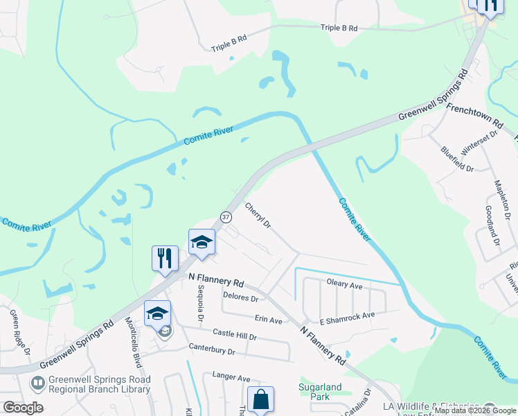 map of restaurants, bars, coffee shops, grocery stores, and more near 5621 Cherryl Drive in Baton Rouge