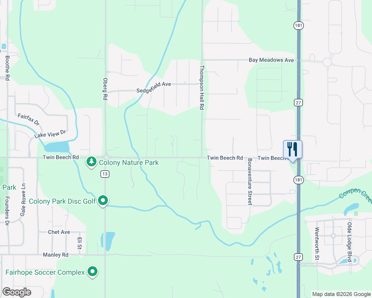 map of restaurants, bars, coffee shops, grocery stores, and more near 9379 Twin Beech Rd in Fairhope