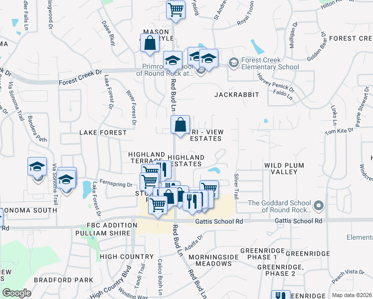 map of restaurants, bars, coffee shops, grocery stores, and more near 309 Highland Estates Drive in Round Rock