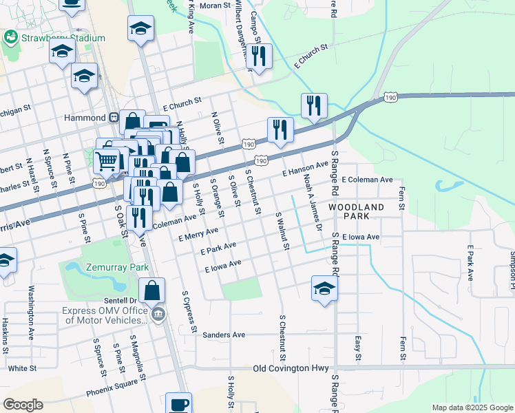 map of restaurants, bars, coffee shops, grocery stores, and more near 405 South Chestnut Street in Hammond