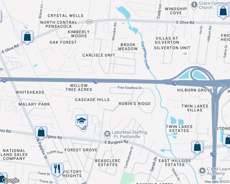 map of restaurants, bars, coffee shops, grocery stores, and more near 236 Tree Swallow Drive in Pensacola