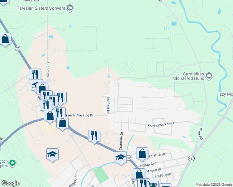 map of restaurants, bars, coffee shops, grocery stores, and more near 509 Branch Crossing Drive in Covington