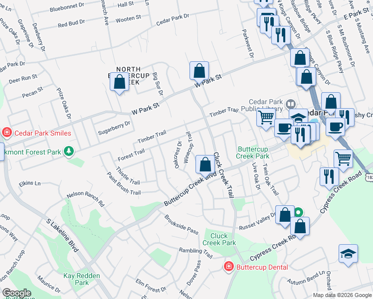map of restaurants, bars, coffee shops, grocery stores, and more near 309 Winecup Trail in Cedar Park
