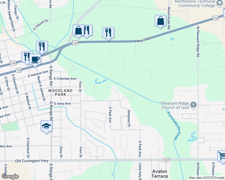 map of restaurants, bars, coffee shops, grocery stores, and more near 44321 Simpson Place in Hammond
