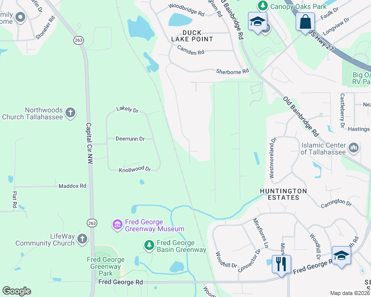 map of restaurants, bars, coffee shops, grocery stores, and more near 4450 Sherborne Road in Tallahassee