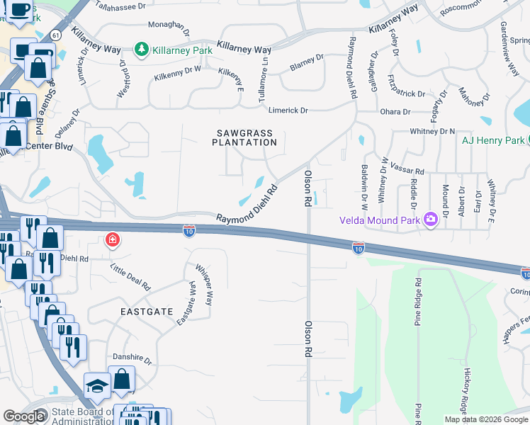 map of restaurants, bars, coffee shops, grocery stores, and more near 2605 Raymond Diehl Road in Tallahassee
