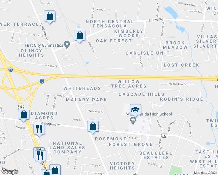 map of restaurants, bars, coffee shops, grocery stores, and more near 155 Creekview Drive in Pensacola