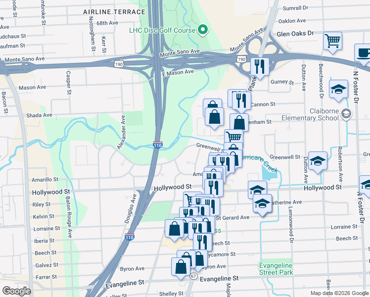 map of restaurants, bars, coffee shops, grocery stores, and more near 3340 Greenwell Street in Baton Rouge
