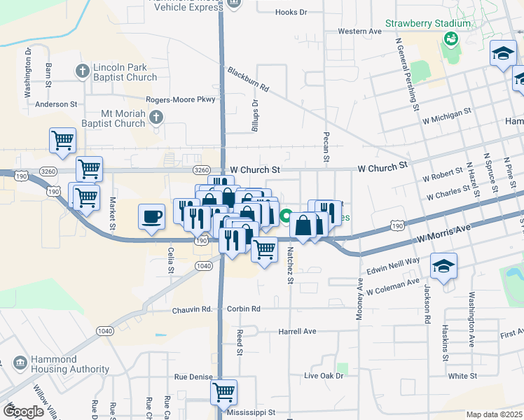 map of restaurants, bars, coffee shops, grocery stores, and more near 207 Dixie Drive in Hammond