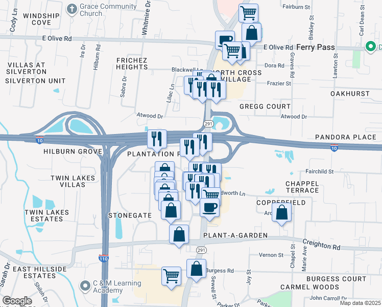 map of restaurants, bars, coffee shops, grocery stores, and more near 7340 Plantation Road in Pensacola