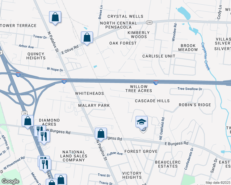 map of restaurants, bars, coffee shops, grocery stores, and more near 155 Creekview Drive in Pensacola